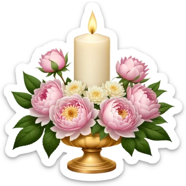 An elegant ivory candle in a golden holder, surrounded by a lush bouquet of soft pink roses, white peonies, and blush dahlias, flickering gently in the dim candlelight. sticker