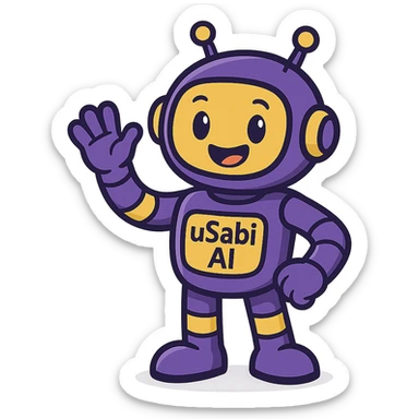 friendly mascot character inspired by the name 'uSabi AI', playful techy look, main colors purple and yellow, modern approachable style suitable for a tech brand sticker
