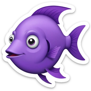 ultra derpy purple fish with wonky eye and comically large lips, perfect flat side profile facing right, exactly 90 degrees, completely 2D like a paper cutout, only one eye visible, absolute side view sticker