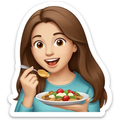 excited woman with long brown hair eating sticker