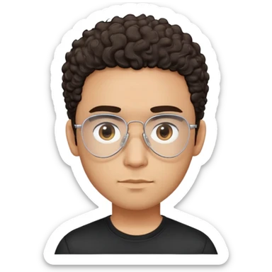 Latino man with light brown complexion, small face and prominent forehead, clear lens teardrop-shaped aviator eyeglasses with metal frame, totally shaved sides with very minimal dark curly hair only on top, gentle expression, simple black t-shirt sticker