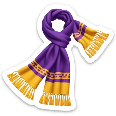 A standalone scarf with a bold purple and yellow pattern, cozy wool texture, fringed edges — no face, no background, just the scarf. sticker