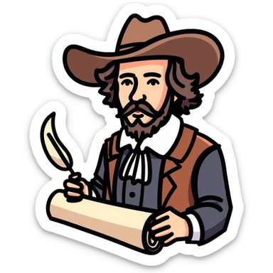 Shakespeare in a cowboy outfit with a scroll and quill sticker