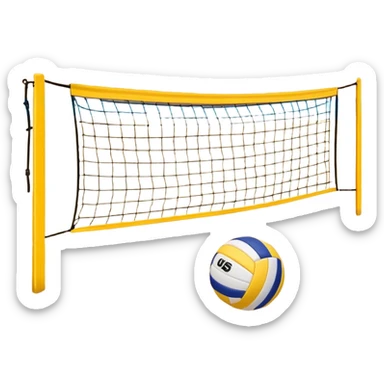 A close-up volleyball net with a ball hovering above it, set against the backdrop of a sandy volleyball court. The scene highlights the tension of an impending play, with the court lines clearly visible and a bright, sunny atmosphere surrounding the action. sticker
