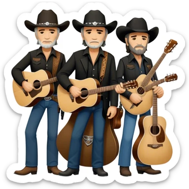 Icon for Country Music: The Highwaymen—Johnny Cash, Willie Nelson, Waylon Jennings, and Kris Kristofferson—standing together with guitars, cowboy hats, and rugged outlaw country aesthetics. Warm tones, western scenery hints, and a transparent background. sticker