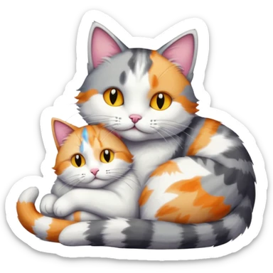big grey and white cat cuddling a colourful light patched calico + white tabby cat sticker