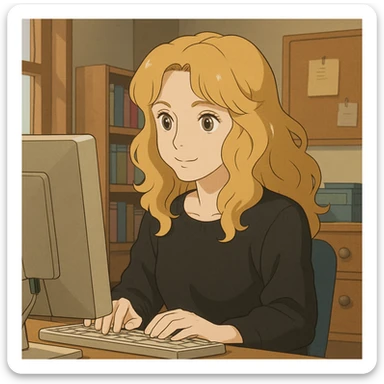 pretty brown-eyed blonde young woman with wavy hair, wearing a black sweater, working on a computer in a cozy office sticker