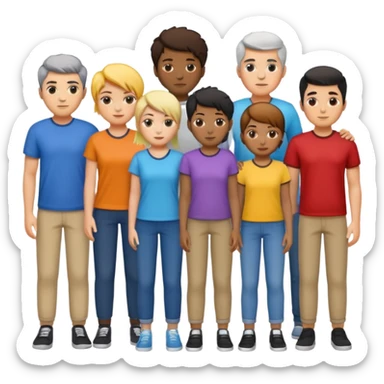 14 personagens de diferentes tons de pele e estilos de cabelo, vestindo roupas casuais em diferentes cores, todos agrupados lado a lado sticker