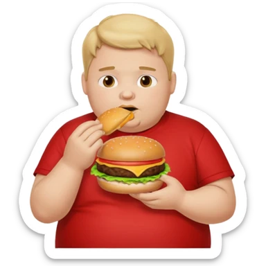 fat boy eating burger wearing red T-shirt sticker