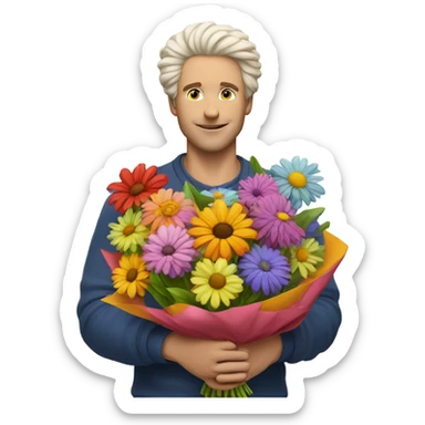 white man with fluffy hair holding bouquet of flowers  sticker
