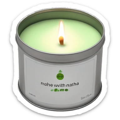 realistic short lit matcha candle, silver tin, small plain white label with black text sticker