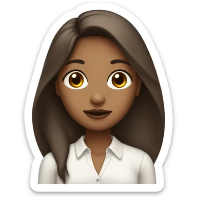 A brown girl with long straight hair and brown eyes, her nose is quite big and her lips are small. She’s wearing a white blouse  sticker