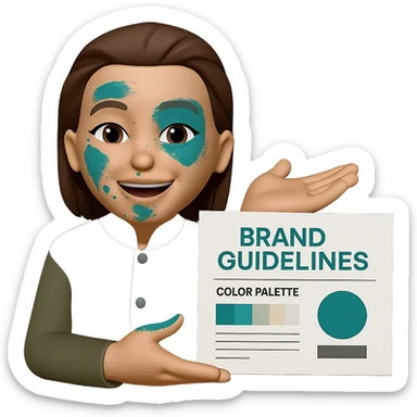 Edit the image to show her creating a color palette and brand guidelines, with visible traces of the color #0D8484 on her face. Keep the same style as the original image. Make the background transparent. sticker