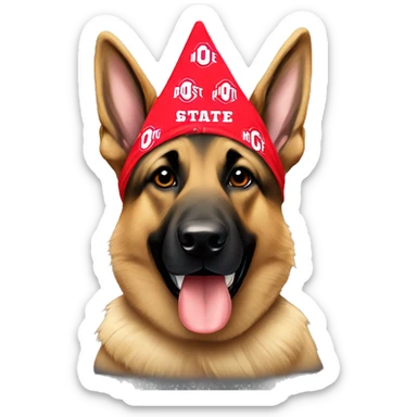 German Shepherd wearing an Ohio state bandana sticker