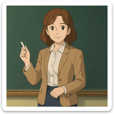 woman English teacher with brown hair, standing by a chalkboard, in ghibli style sticker