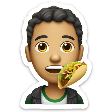 Create a Mexican boy with a big head, nose, neck eating taco  sticker