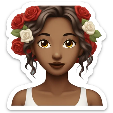 Beautiful, rose, red, flowers in hair, long dark brown hair, white fair skin sticker