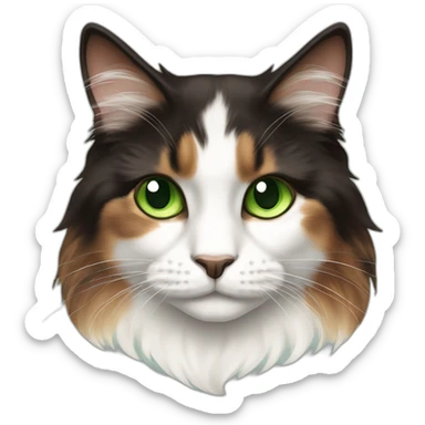 staring longhaired dark brown and white calico cat with green eyes sticker