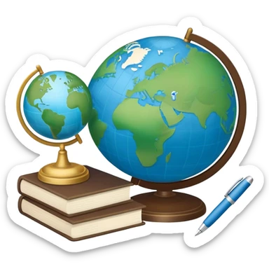 Create an emoji representing language translation. The design should feature a globe in the background, symbolizing international communication. In front of the globe, place two books or sheets of paper with texs on them and a pen nearby to indicate the act of writing. Use a clean and professional color palette with blues, greens, and neutral tones. Make the background transparent. sticker