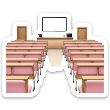 University lecture hall with pastel pink notebook and beige laptop open sticker
