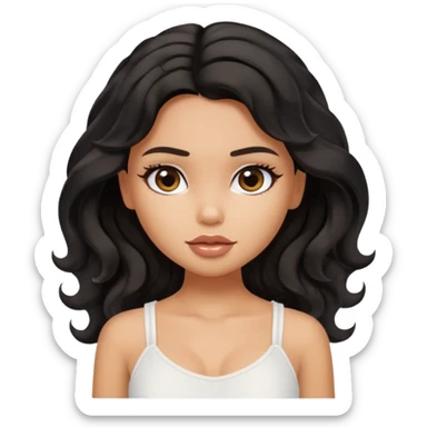 a pretty bratz tan girl with wavy black hair wearing a white cami top. Skintone is tan sticker
