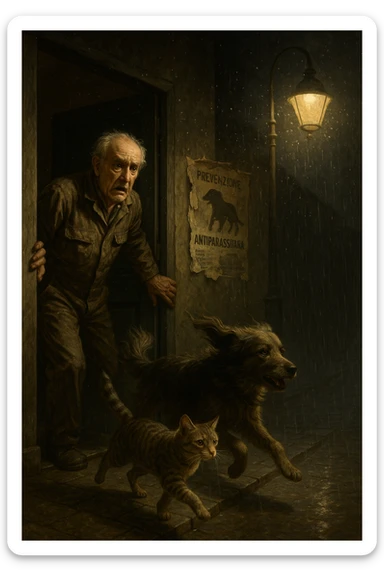 Un uomo anziano in tuta da lavoro, con espressione angosciata, tiene aperta la porta di casa mentre il suo cane (un meticcio a pelo lungo) e il gatto (soriano) scappano nella strada buia sotto la pioggia. Particelle di polvere/pulci fluttuano nell'aria illuminata dal lampione. Sullo sfondo, un poster strappato del veterinario con scritto 'Prevenzione antiparassitaria'. Stile fotorealistico, illuminazione Caravaggesca, toni grigi e ocra. in italiano sticker