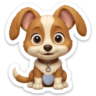 Boots the dog from Puss in Boots, Pixar / DreamWorks-style 3D render; cute, small dog with big round expressive eyes, floppy ears, and a sweet innocent smile; soft light-brown and cream fur with gentle texture; playful, loyal personality; polished animated-film quality;  sticker