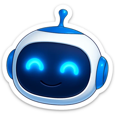 Robot head only, matching the style and colors of the reference robot (blue and white), head with normal shine, eyes extremely bright and glowing, cute and friendly expression, no background, in the style of the reference robot. sticker