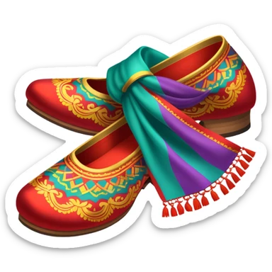 Humanless Icon for Folk Dance: traditional folk dance shoes, a colorful scarf, and a vibrant dance floor. The icon should capture the energy and cultural richness of folk dancing, with emphasis on movement, rhythm, and traditional attire. Transparent background. sticker