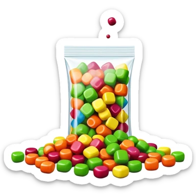 Geometric minimalist Skittles package, just a rainbow colored square with a small spill of green round candies. Ultra clean design. sticker