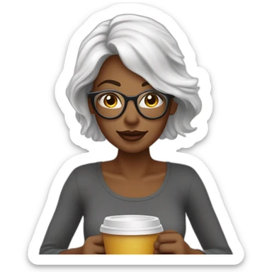 Mujer de piel blanca, melena negra,con lentes semi al aire de color calipso. Con un lunar sobre el labio superior en la parte izquierda de la cara. Tomando un café y saludando sticker