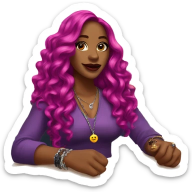 🧍🏾‍♀️💁🏾‍♀️✨ Long wavy magenta hair, glossy lips, stylish with jewelry and lanyard, posing confidently with a hand gesture, in a classroom setting.” sticker