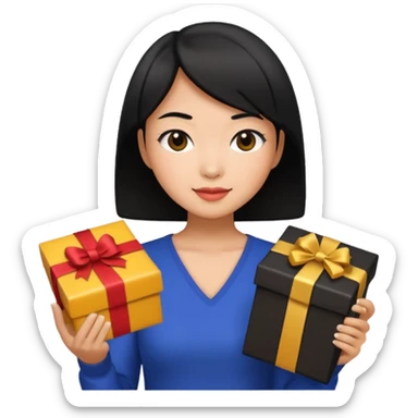 asian woman short hair tanned, holding with black present - emoji style sticker