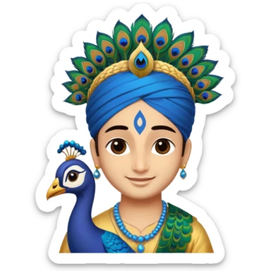 Lord Sri Krishna carrying only one peacock feather on his head with cute face sticker