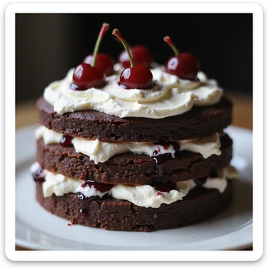 black forest cake, realistic, rich chocolate layers, whipped cream, cherries on top, appetizing and detailed sticker
