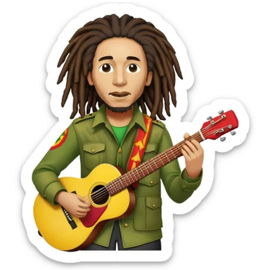 Icon for Reggae Music: Bob Marley with his guitar, surrounded by his band, The Wailers. The design should capture the laid-back, rhythmic vibe of reggae, with iconic dreadlocks and vibrant colors (red, yellow, green). Transparent background. sticker