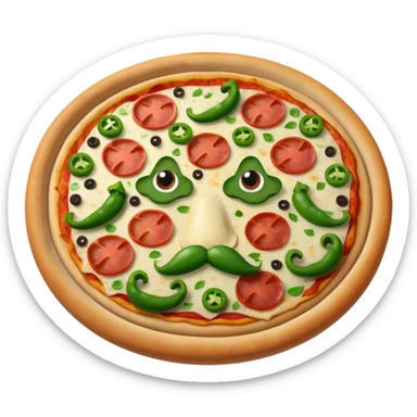 a  whole pizza with pepperonis from eyes and mushroom from the nose and green bell pepper from the mouth and mustache sticker