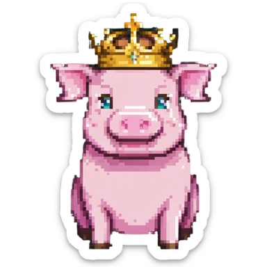 Minecraft style pig with a golden crown, inspired by Technoblade, inside a Minecraft castle sticker
