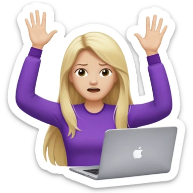 lady with long blonde hair, purple top throwing her with a laptop hands in the air saying why sticker