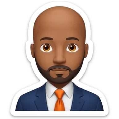 headshot of a sophisticated, stylish, bald head Caribbean black man with a beard and goatee in a navy blue suite, white shirt and dark orange tie sticker
