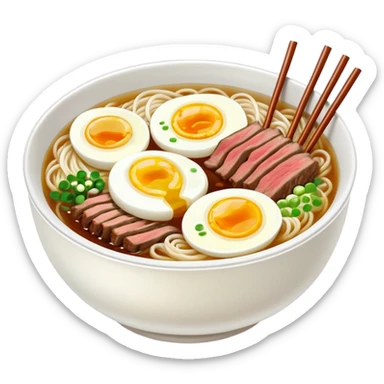 Korean cold noodles naengmyeon in a bowl with clear broth, one slice of egg and one slice of beef on top sticker