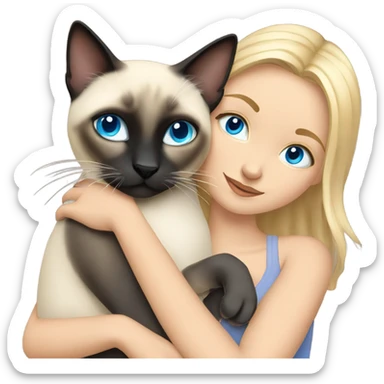 blonde girl blue eyes hugging a Siamese cat sticker