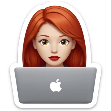 white-skinned red-haired woman with middle-parted red hair, red lipstick, using a MacBook sticker