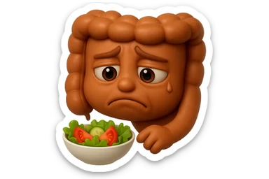 EMOJI STILE IPHONE DI UN INTESTINO UMANO ANATOMICO CHE GUARDA UN INSALATA CON ESPRESSIONE TRISTE E RASSEGNATA IN VOLTO: SOFFRE LA FAME PERCHé è A DIETA, FAGLI ANCHE LA PARTE BIANCA DEGLI OCCHI, NON SOLO LE PUPILLE, IPERREALISTICO 4K sticker