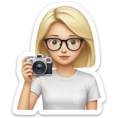 blonde girl, shoulder-length hair, glasses, white t-shirt, holding a camera sticker