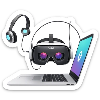 VR headset lying next to a laptop, connected by wires. On the laptop screen a VR/AR modeling program is opened. Floating 3D models or virtual objects. Modern, tech-inspired colors. No emojis or smiley faces. Transparent background. sticker