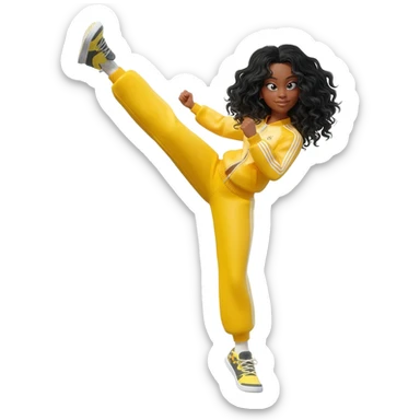 White curvy female with super wavy black hair doing a high kick wearing a track suit sticker