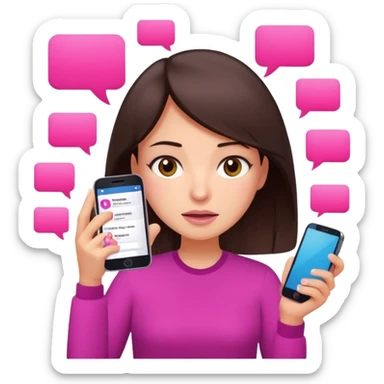 Social media manager. She has dark brown hair, brown eyes, overwhelmed expression, slightly stressed face,a holding a smartphone with notifications piling up. Use vibrant colors with a focus on pink and fuchsia tone sticker