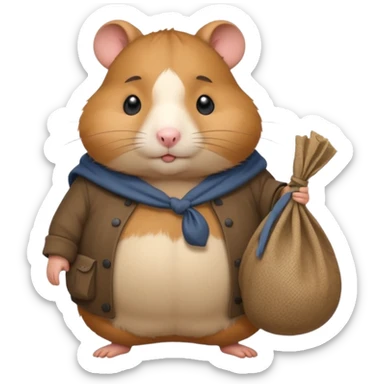 Fat cartoon-style hamster hobo carrying a bindle over its shoulder with a sad expression. sticker