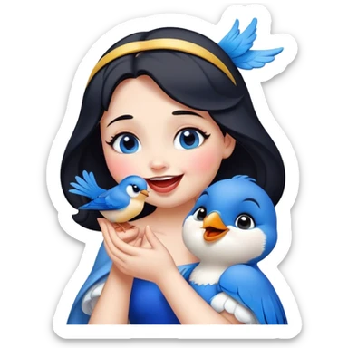 Cinematic Adorable Snow White Portrait Emoji, Giggling as a bluebird perches on her finger, cheeks rosy with joy, bright expressive eyes full of wonder, her innocence and beauty blending into a heartwarming moment! sticker